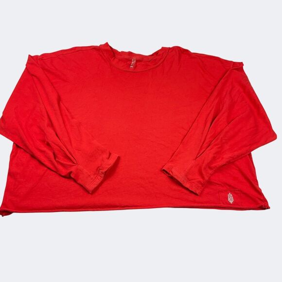 Free People Red Long Sleeve Tee L Soft Slouchy Grunge Y2K Distressed Boho Top - Picture 1 of 12